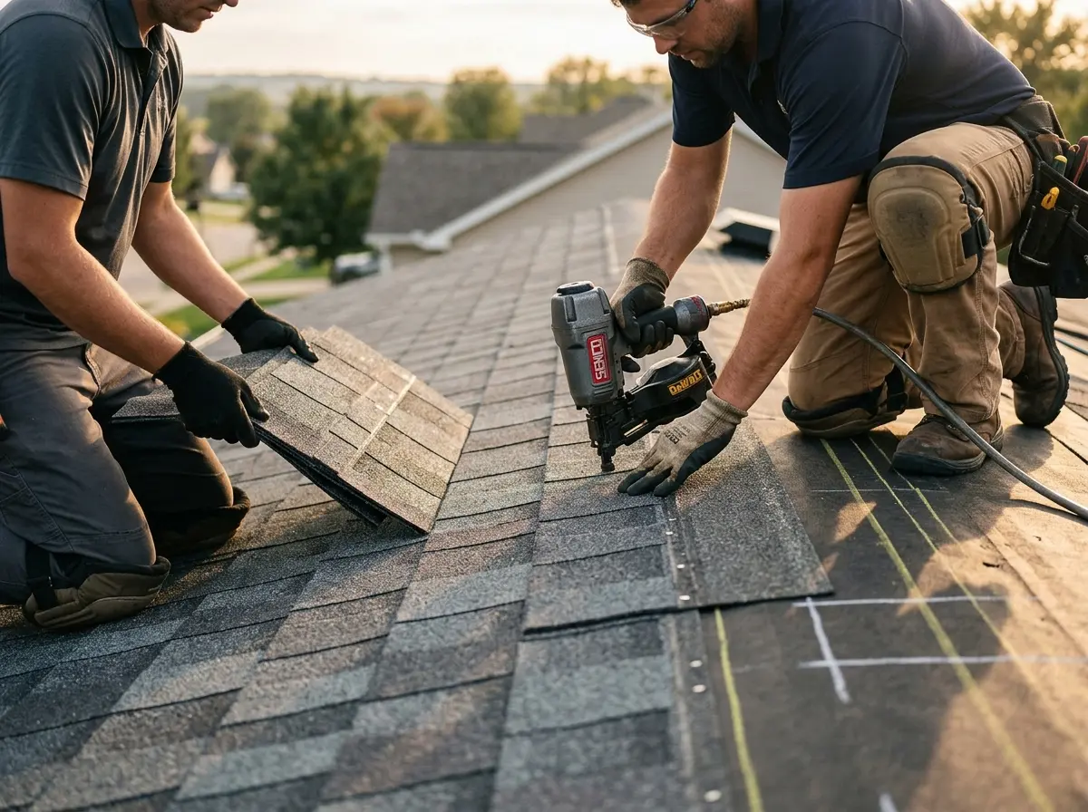 Professional roofer working on a residential roof in Caddo Mills